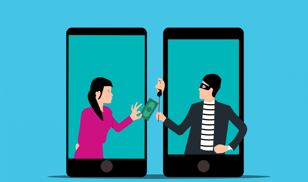 two phones with a woman on the left handing over money to a man in a burglar mask on the right